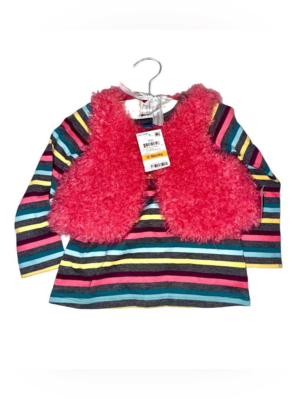 Striped Long Sleeve Top with Fuzzy Pink Vest & Cat Leggings - Toddler